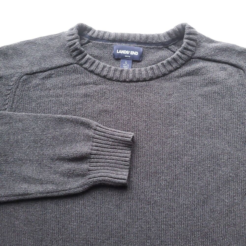 Lands End Mens Drifter Crew Neck Sweater Large L Gray Cotton Crewneck Fisherman